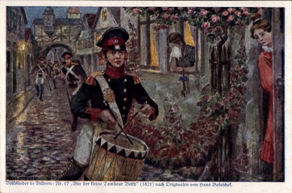 Artist Postcard Baluschek, Hans, Folk Songs in Pictures No. 17, I am the little drummer Veith
