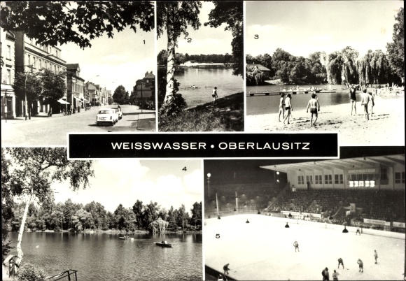 Postcard Weißwasser in Oberlausitz, Bautzener Str., Wilhelm Pieck artificial ice stadium, ice hockey, Bad