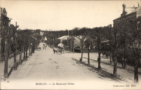 Ak Bernay Eure, Boulevard Dubus, Straße mit Bäumen, Häusern, Pferd, Kutsche