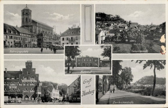 Postcard Homburg in der Pfalz Saarland, Befreiungsplatz, general view, train station, Zweibrückenstraße