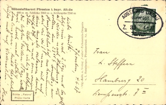 Postcard Pfronten im Allgäu, A black and white illustration of a church with mountain peaks in the background.