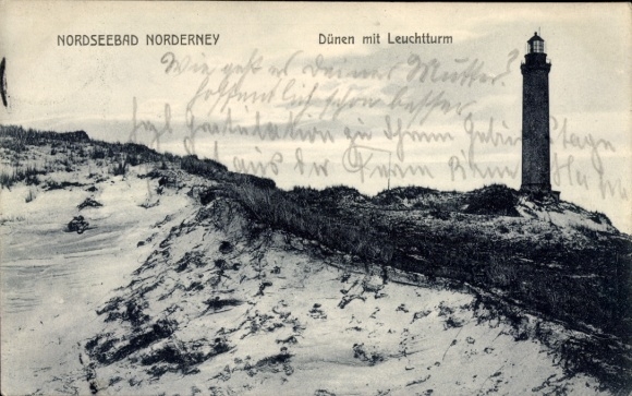 PC North Sea resort Norderney East Frisia, dunes with lighthouse, PC from 1917