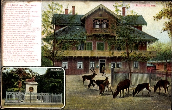 Ak Füssen im Allgäu, Dambachhaus, Gedicht am Denkmal, Rehe, Waldhaus, Natur