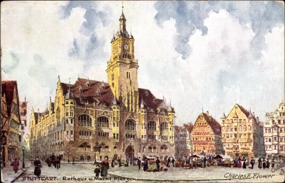 Artist PC Flower, Charles, Stuttgart, City Hall and Market Square, Tuck 653B