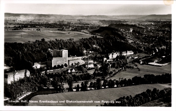 Postcard Schwäbisch Hall in Württemberg, aerial view of the hospital, deaconess institution, landscape