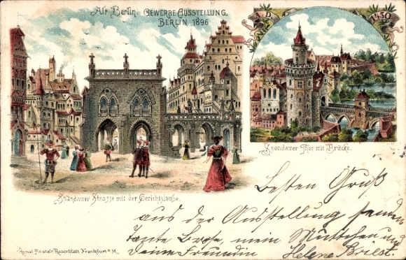 Litho Berlin, Gewerbeausstellung 1896, Spandauer Straße, Gerichtslaube, Spandauer Tor, Brücke
