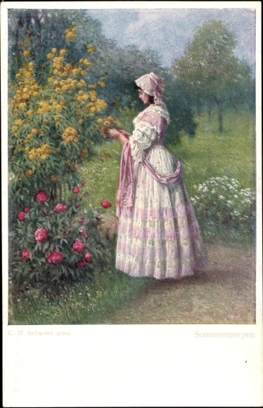 Künstler Ak Schuster, Karl Maria, Sommermorgen, Dame im Garten