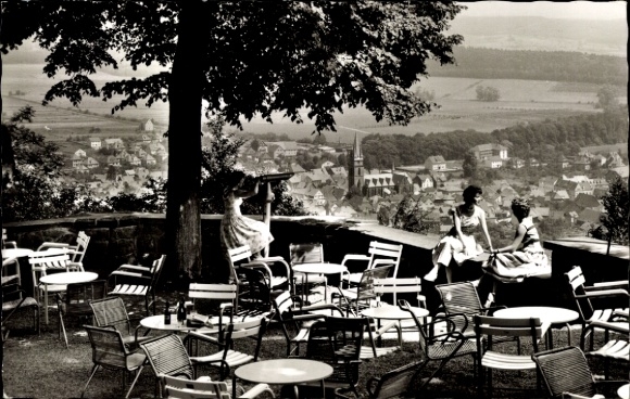 Postcard Bad Driburg in Westphalia, view from the Iburg, outdoor cafe, two women, landscape in the background