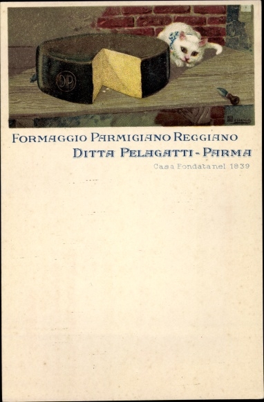 Artist Postcard Parmigiano Reggiano Cheese, Firm Pelagatti Parma, House Founded in 1839, Käse, Katze