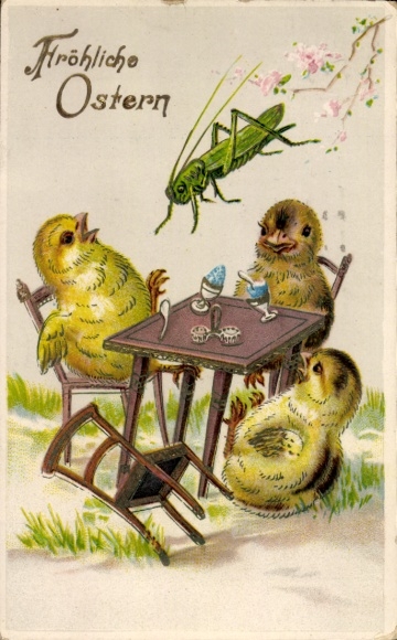 Postcard Congratulations Easter, chicks at the table, grasshopper