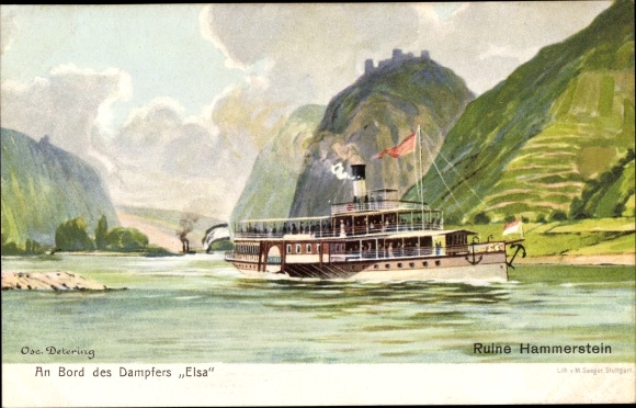 Artist PC Detering, Hammerstein am Rhein, steamer Elsa, ruin Hammerstein
