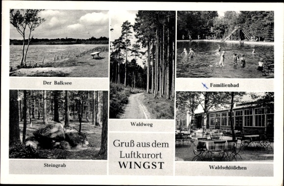 Postcard Wingst in Lower Saxony, Balksee, family pool, forest path, forest castle, stone grave
