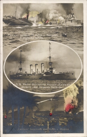Ak Deutsches Kriegsschiff, SMS Emden, Kleiner Kreuzer beschießt Madras, Kaiserliche Marine