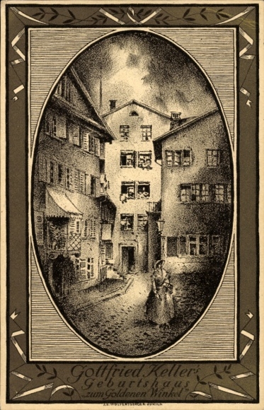 Postwaardestuk kunstenaar ansichtkaart Zwitserse federale viering 1919, Gottfried Keller's geboorteplaats Zum goldenen Winkel
