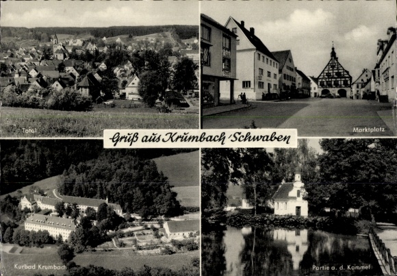Postcard Krumbach Schwaben, spa, market square, Kammel, aerial photograph