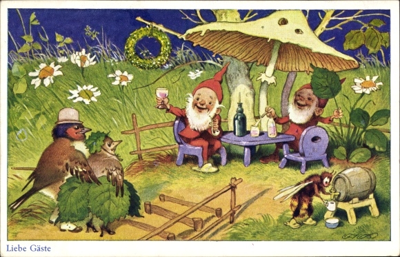 Artist PC Baumgraten, Fritz, dear guests, pair of birds, dwarfs toast, bee