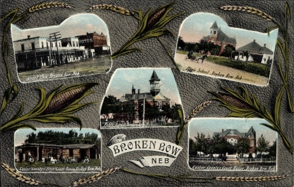Ak Broken Bow Nebraska USA, uitzicht op straat, middelbare school, gerechtsgebouw
