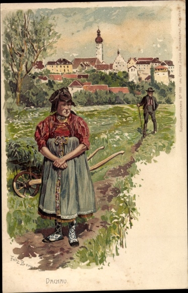 Kunstenaar Litho Bergen, Fritz, Dachau in het Hallertau Opper-Beieren, vrouw in kostuum, kerk, Ottmar Zieher