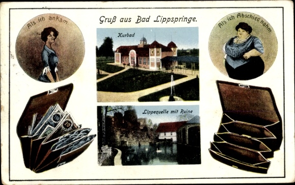 Postcard Bad Lippspringe in Westphalia, spa, Lippe spring, ruin, woman before and after the cure, purse