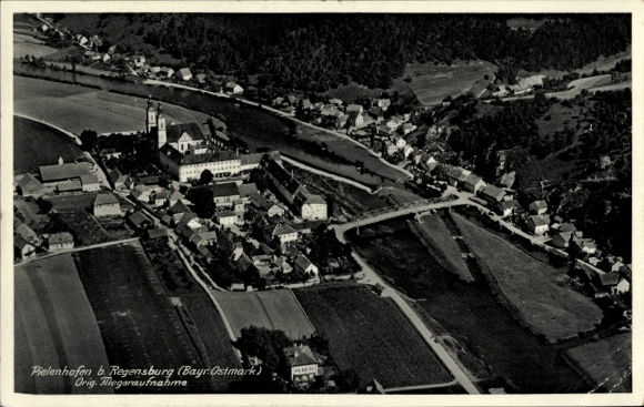Postcard Pielenhofen in the Upper Palatinate, aerial view of church building visible, scenic surroundings