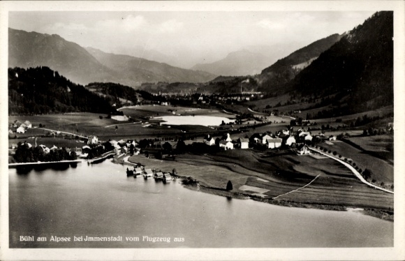 Postcard Bühl am Alpsee Immenstadt im Allgäu, aerial view of mountains, lake, houses, landscape