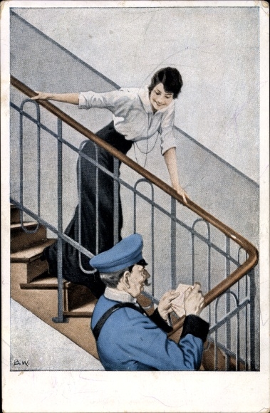 Artist PC Wennerberg, Bruno, The field post letter, woman on a staircase, postman