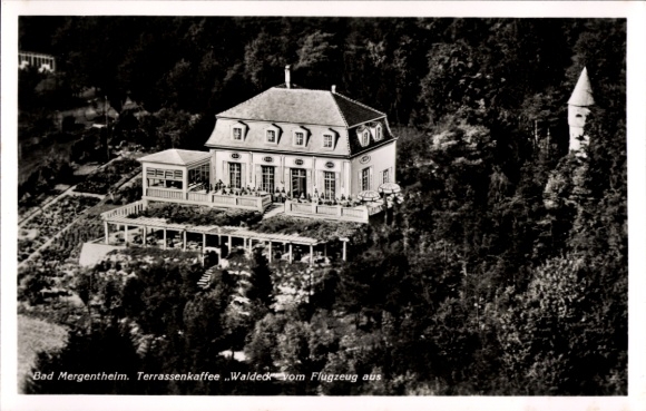 Ak Bad Mergentheim in Tauberfranken, Fliegeraufnahme, Terrassenkaffee Waldeck