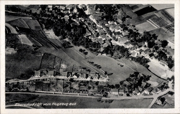 Postcard Ebersdorf in Thuringia, aerial view of residential buildings, fields, streets