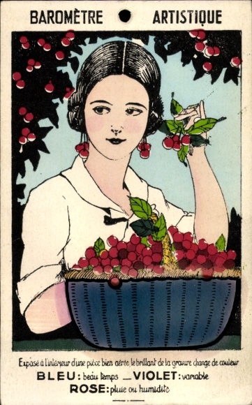 Mechanical Postcard Artistic Barometer, Color Change, Woman with Cherries