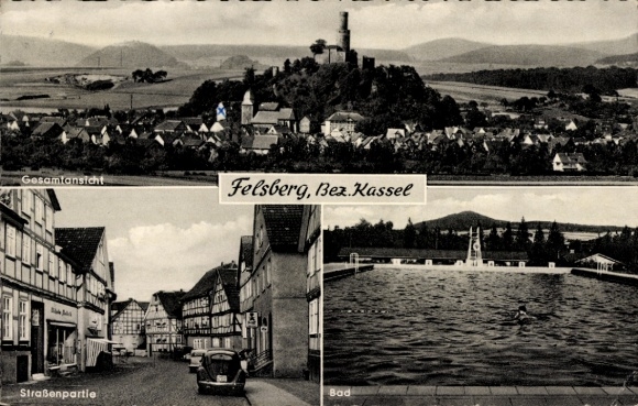 Postcard Felsberg in the Odenwald Hessen, general view, street section, bath