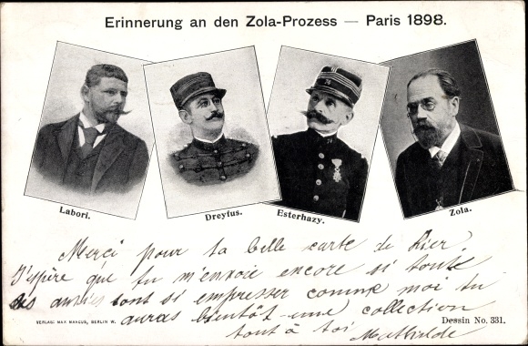 Postcard Zola trial 1898, Labori, Dreyfus, Esterhazy, writer Emile Zola