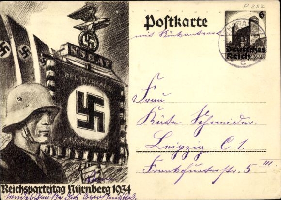 Postal stationery Postcard Reichsparteitag Nürnberg 1934, NSDAP standard