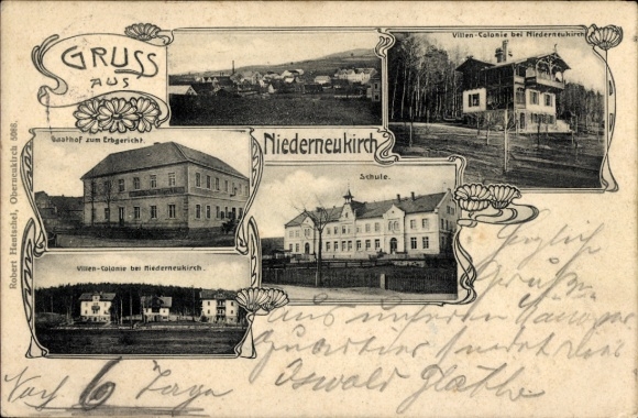 Postcard Niederneukirch Neukirch in der Lausitz, school, inn at the Erbgericht, villa colony