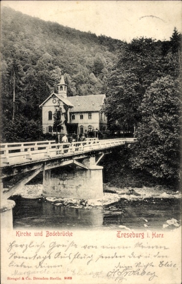 Ak Treseburg Thale im Harz, Kirche, Bodebrücke