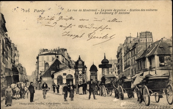Postcard Paris XI, La Rue de Montreuil, The police station, Car station