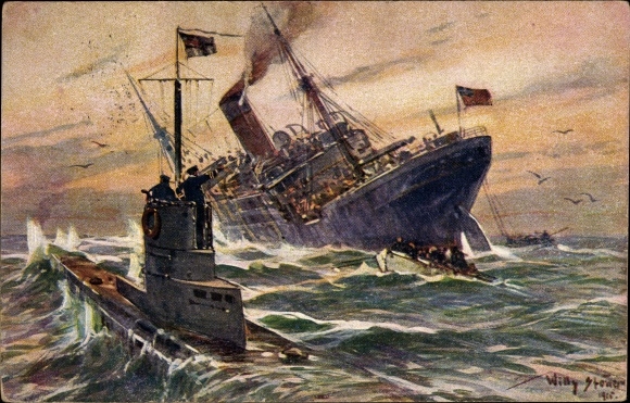 Artist PC Stöwer, Willy, Destruction of an English merchant steamer by a German U-boat