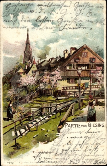 Artist Chromo-Litho Guggenberger, Thomas, Giesing Munich Bavaria, partial view of the town