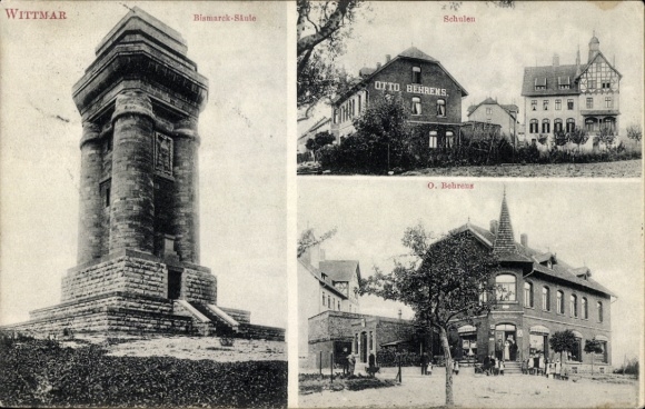 Ansichtkaart Wittmar in Nedersaksen, Bismarckzuil, scholen, herberg O. Behrens