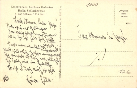 Postcard Berlin Zehlendorf, Schlachtensee, Kurhaus Hubertus Hospital