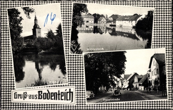 Postcard Bad Bodenteich in the Lüneburg Heath, mill pond, church, main street