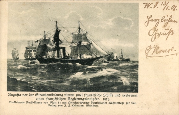 Postcard sailing ship Augusta in front of the Gironde estuary, burning of a French government steamer