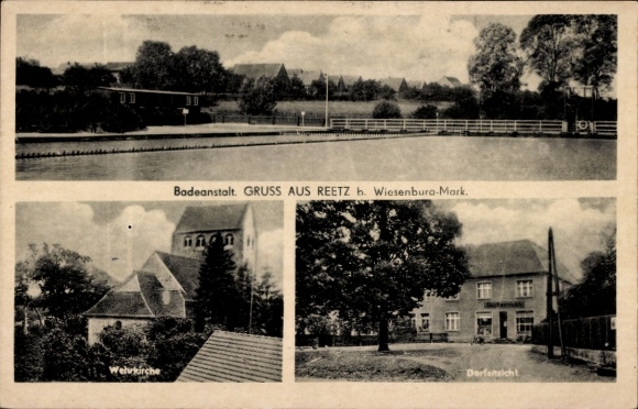 Ak Reetz Wiesenburg Mark, badhuis, versterkte kerk, dorp