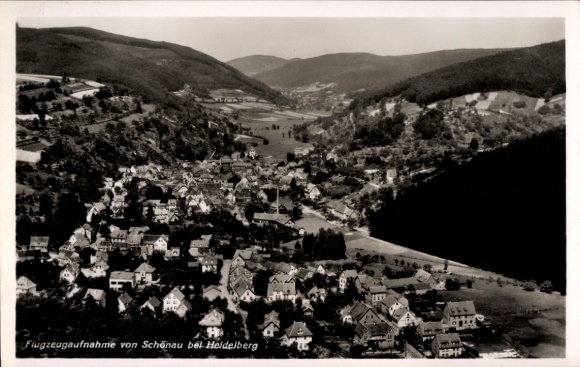 Postcard Schönau near Heidelberg Odenwald, aerial photograph, beautiful landscape, view of houses, wooded