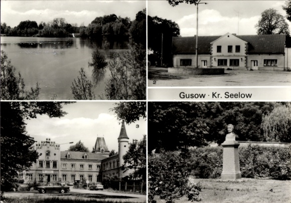 Postcard Gusow Platkow, Grubensee, Konsum Club Restaurant, Castle, Fontane Park