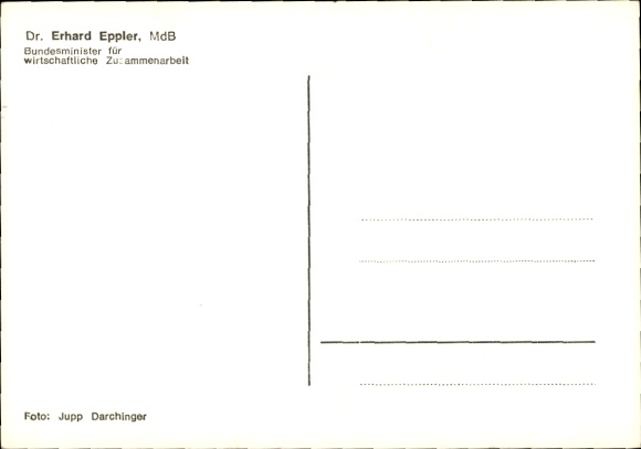 Postcard Dr. Erhard Eppler, Federal Minister for Economic Cooperation, autograph