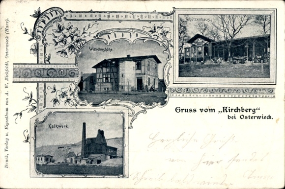 Postcard Osterwieck am Harz, Kirchber, Wilhelmshöhe, lime works, Schützenhaus