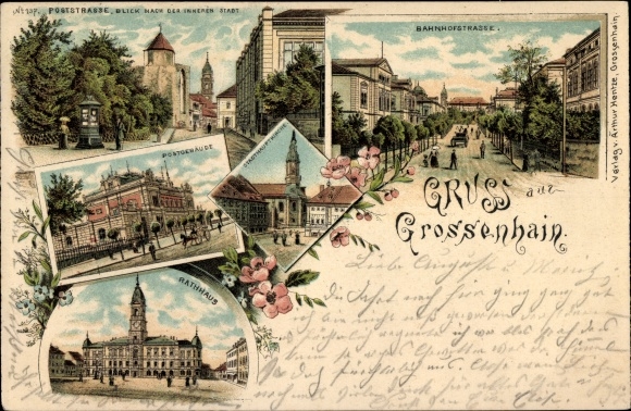 litho Grossenhain in Saksen, Poststrasse, stadhuis, postkantoor, Bahnhofstrasse, hoofdkerk
