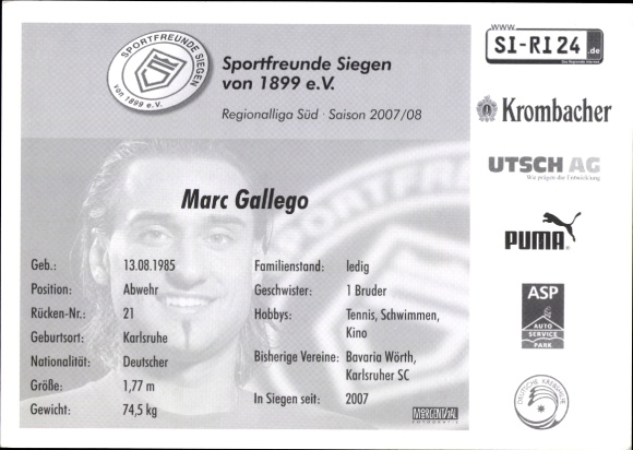 Autograph card footballer Marc Gallego, Sportfreunde Siegen, autograph