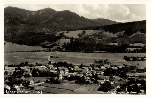Postcard Benediktbeuern in Upper Bavaria, aerial photograph, mountain landscape, small houses, village view