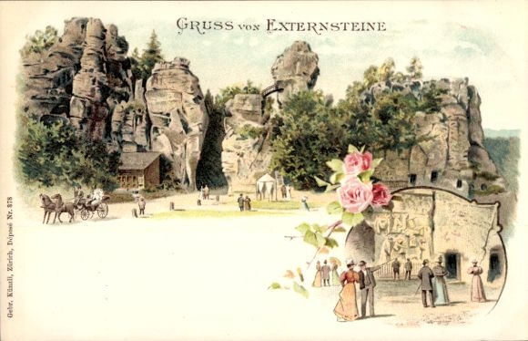 Ak Holzhausen Externsteine Horn Bad Meinberg am Teutoburger Wald, Felsformation, Menschen, Gebäud